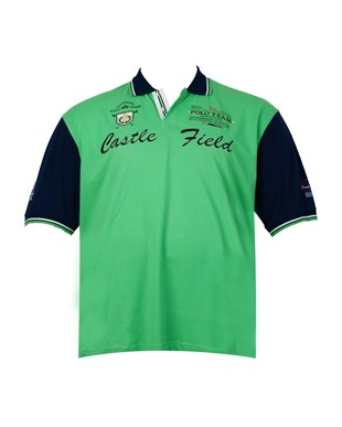 Büyük Beden Yakalı Polo Team Yazılı Logolu Su Yeşili Polo T-Shirt